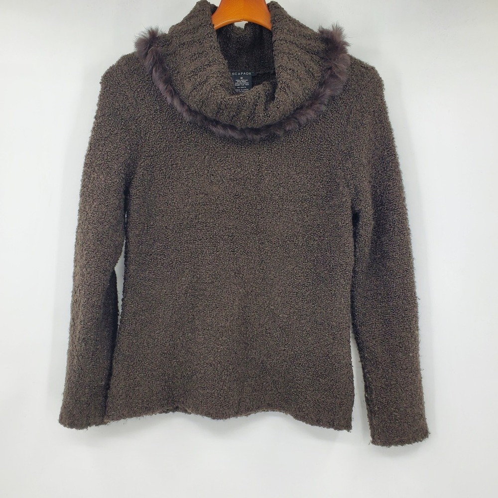 Escapade Brown Boucle Wool Blend Cowl Neck Sweater Rabbit Fur Trim Whimsigoth